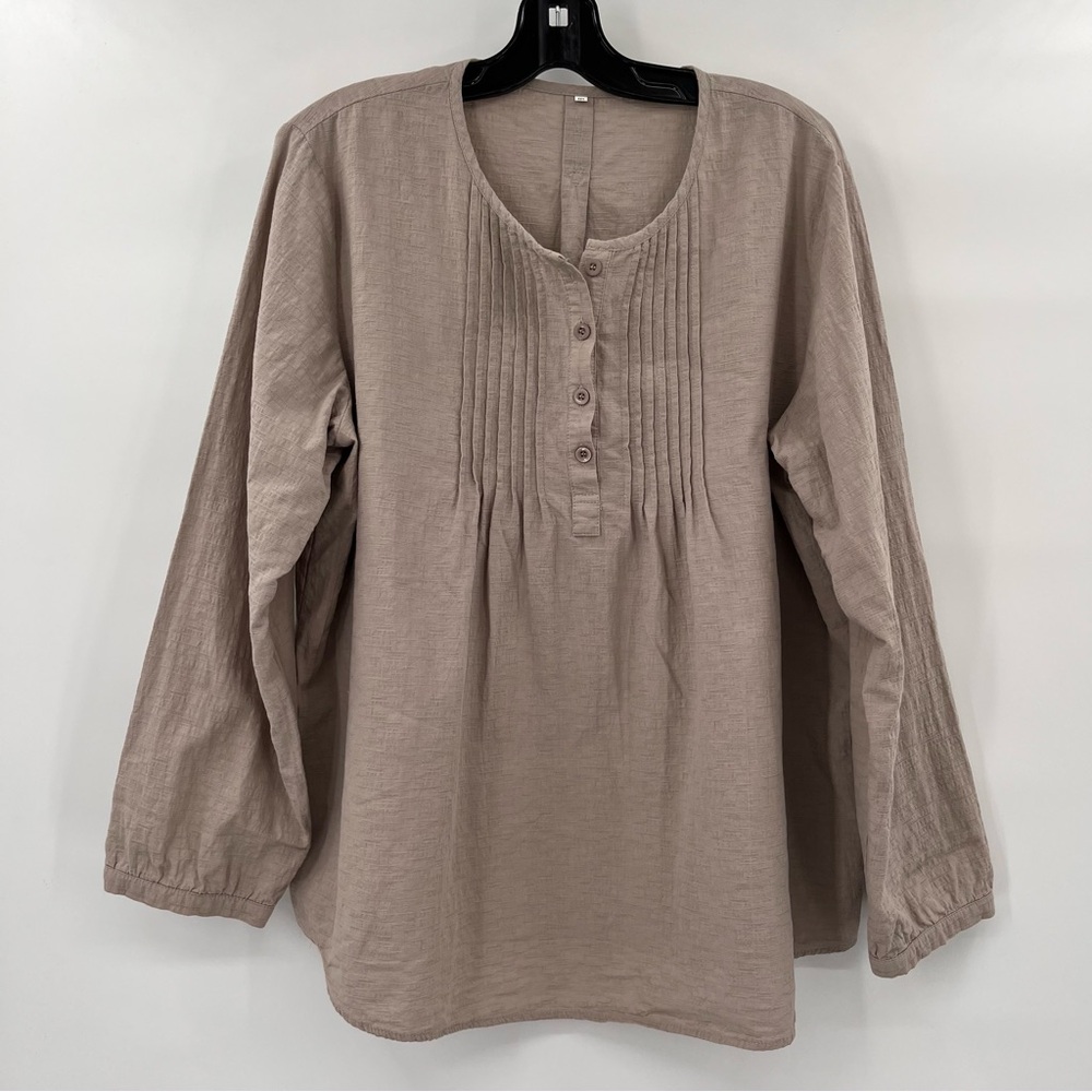 Minibee Tan 3/4 Button Up 55% Cotton 45% Linen Pullover Top Blouse Size 2X